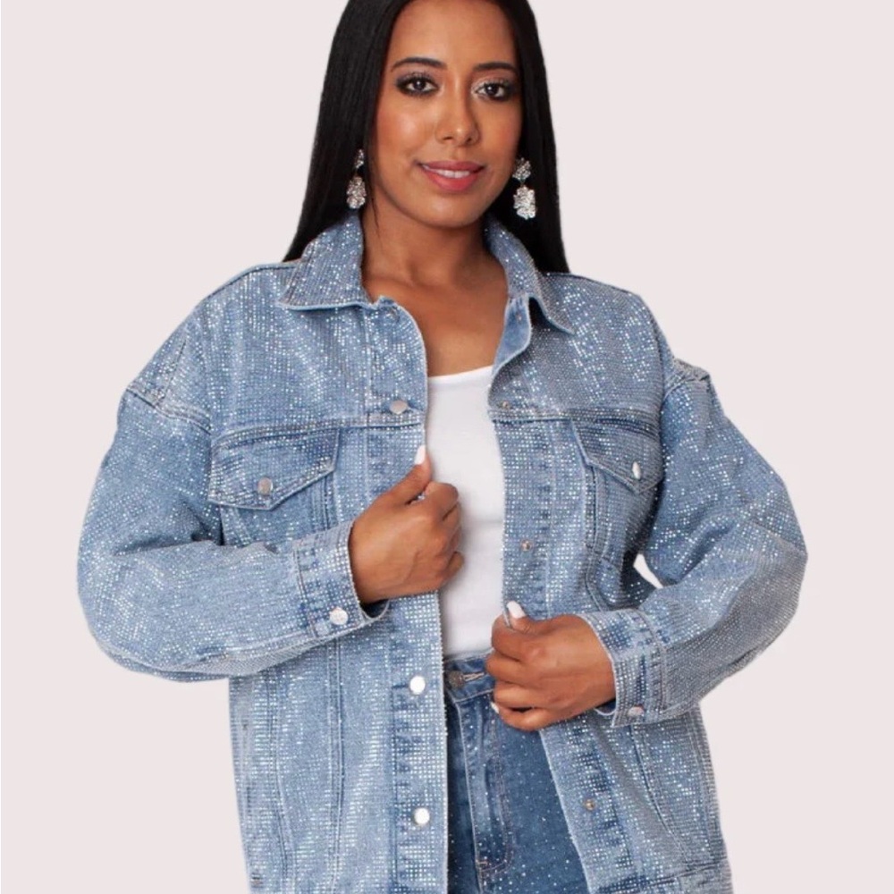 For Her Crystal Embellished Oversized Denim Jacket! BNWT L - Picture 3 of 3